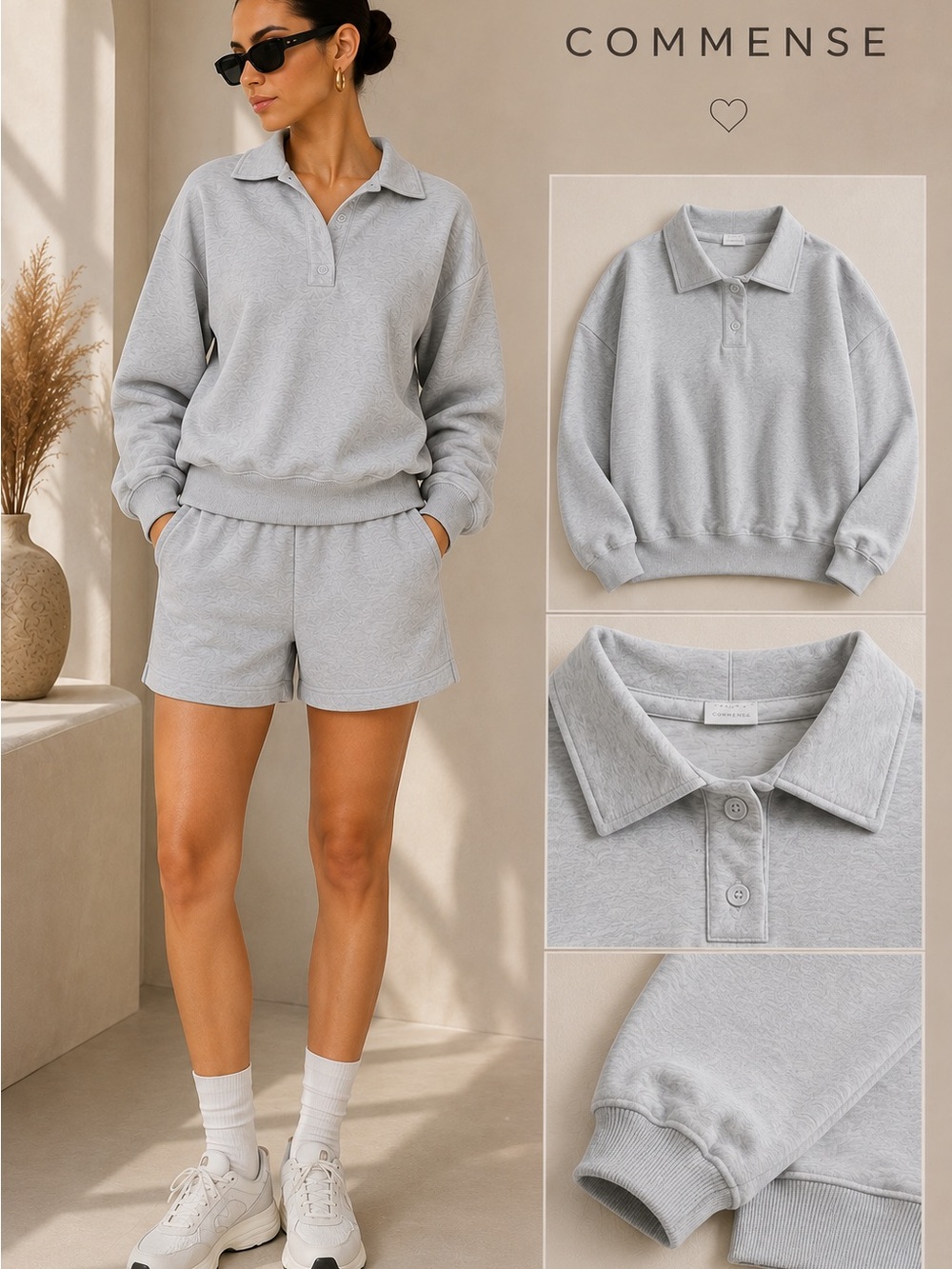 Commense Women's Light Gray Oversized Small V-Neck Polo Sweatshirt NWT
